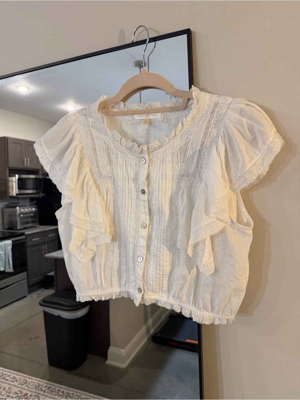 LoveShackFancy Ivory Ruffle Pintuck Button Front Top - Picture 2 of 4